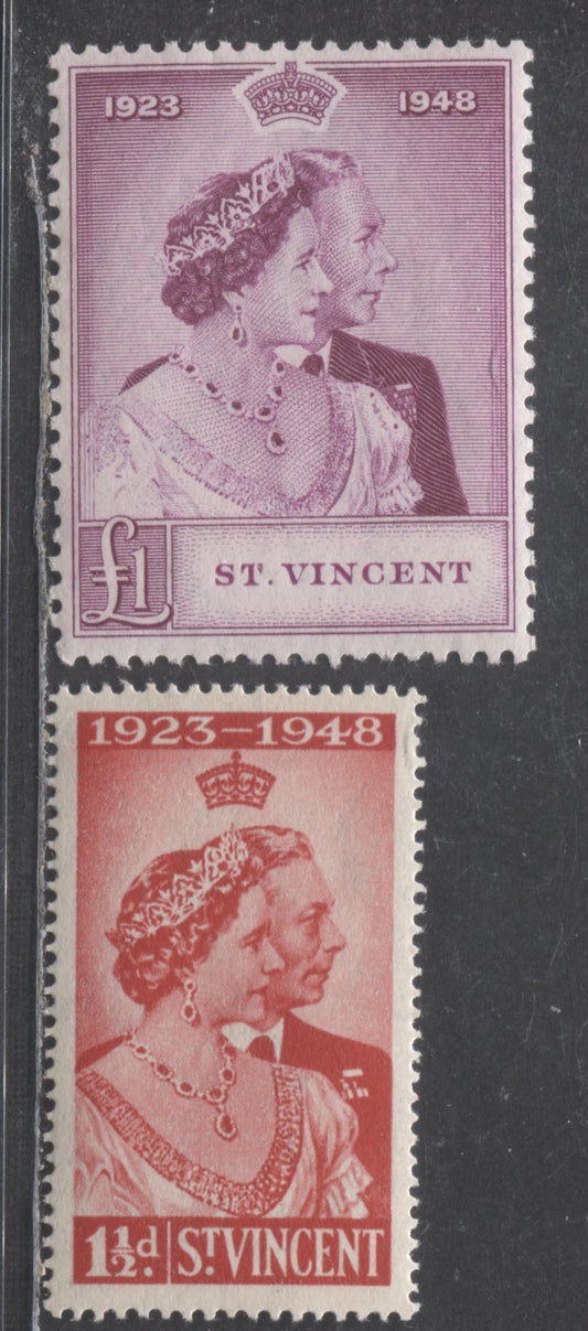 Lot 547 St. Vincent #154-155 1.5d & 1 Pound Scarlet & Magenta King George VI & Queen Elizabeth, 1948 Silver Wedding Issue, 2 VFNH Singles