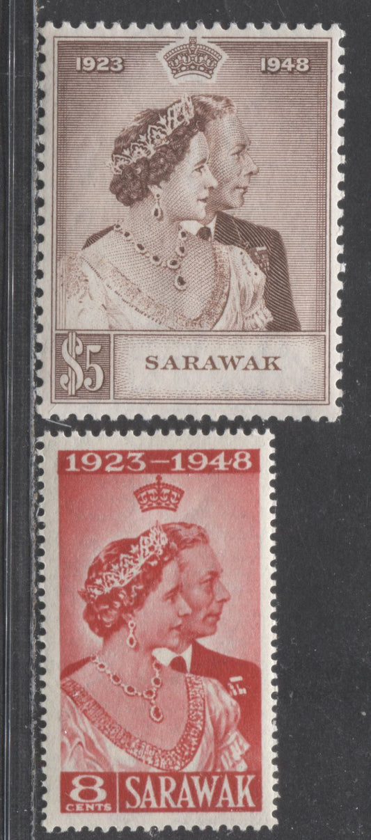 Lot 548 Sarawak #174-175 8c & $5 Scarlet & Brown King George VI & Queen Elizabeth, 1948 Silver Wedding Issue, 2 VFNH Singles