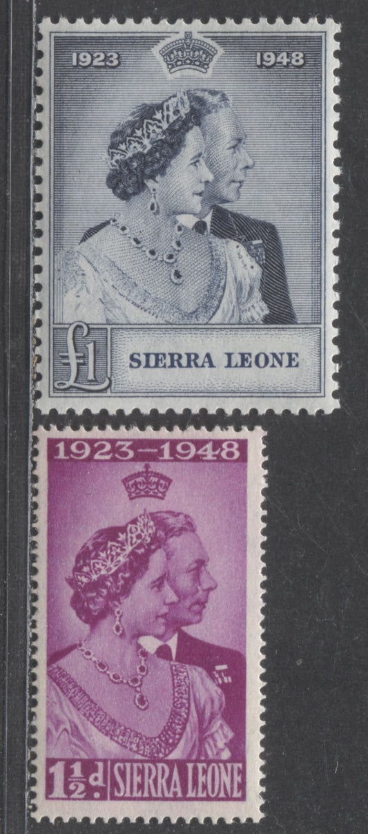 Lot 550 Sierra Leone #188-189 1.5d & 1 Pound Bright Magenta & Slate Blue King George VI & Queen Elizabeth, 1948 Silver Wedding Issue, 2 Fine & VFNH Singles