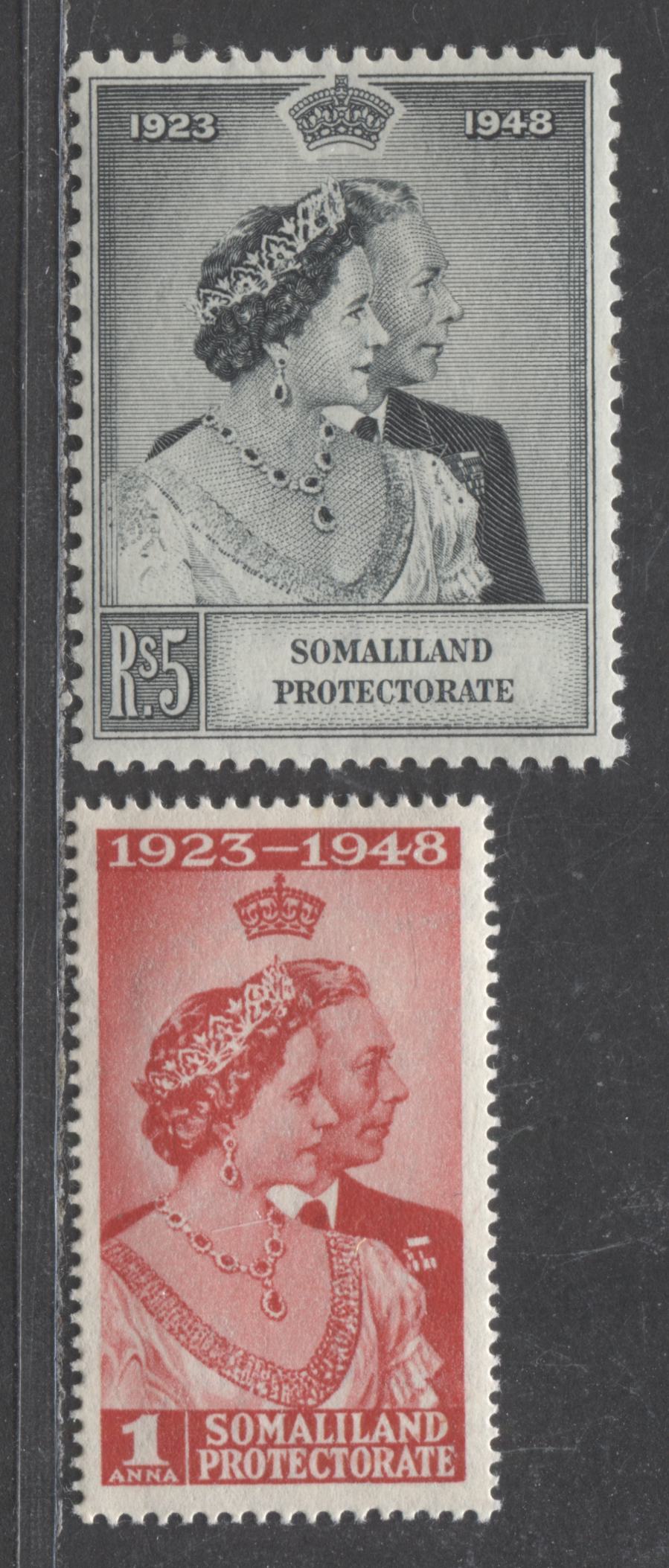 Lot 552A Somaliland #110-111 1a & 5R Scarlet & Slate King George VI & Queen Elizabeth, 1948 Silver Wedding Issue, 2 VFOG Singles