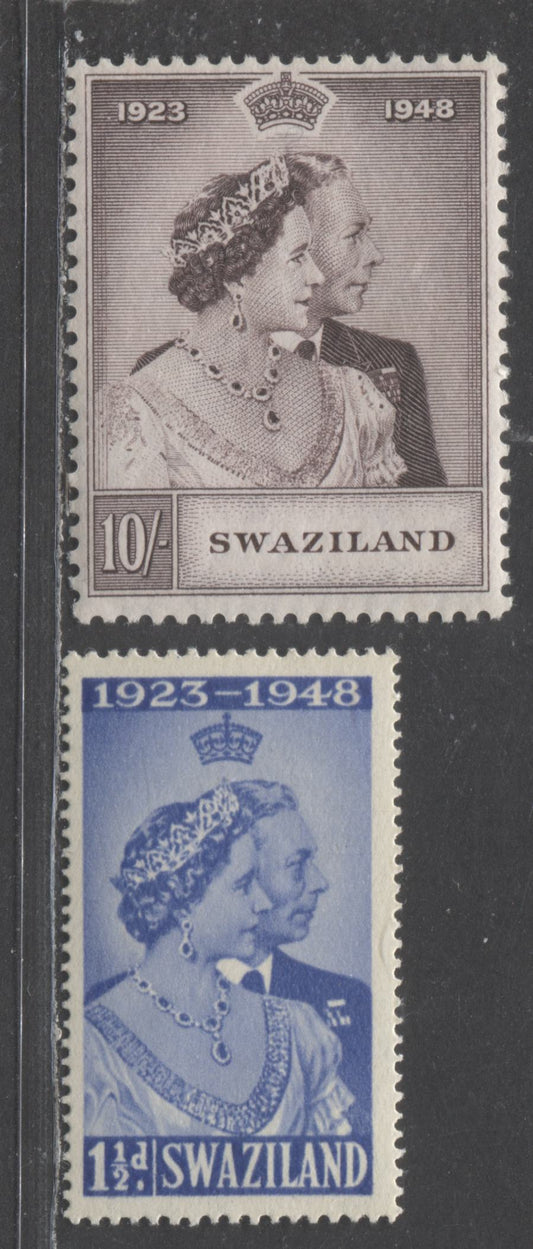 Lot 553 Swaziland #48-49 1.5d & 10/- Ultramarine & Violet Brown King George VI & Queen Elizabeth, 1948 Silver Wedding Issue, 2 Fine NH Singles