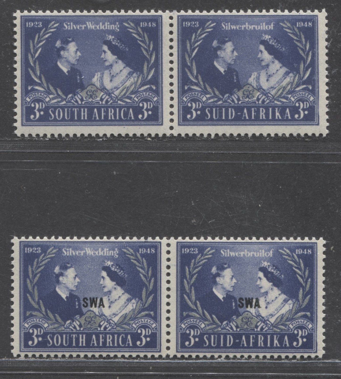 Lot 554 South Africa & South West Africa #106, 159 3d Deep Slate Blue & Silver King George VI & Queen Elizabeth, 1948 Silver Wedding Issue, 2 Fine & VFNH Se-Tenant Pairs