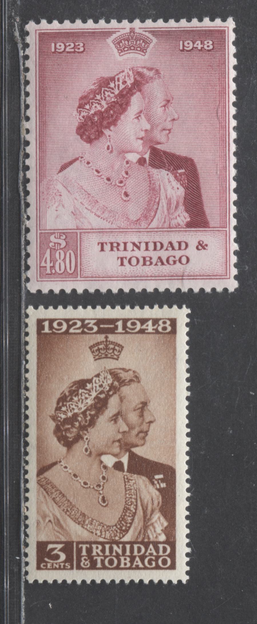 Lot 555 Trinidad & Tobago #64-65 3c $4.80 Brown & Deep Cerise King George VI & Queen Elizabeth, 1948 Silver Wedding Issue, 2 VFNH Singles