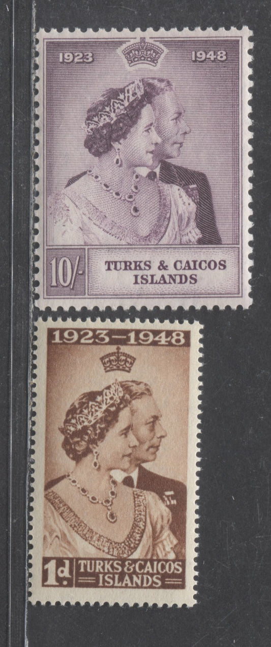 Lot 556 Turks & Caicos Islands #92-93 1d & 10/- Brown & Slate Purplw King George VI & Queen Elizabeth, 1948 Silver Wedding Issue, 2 VFNH Singles