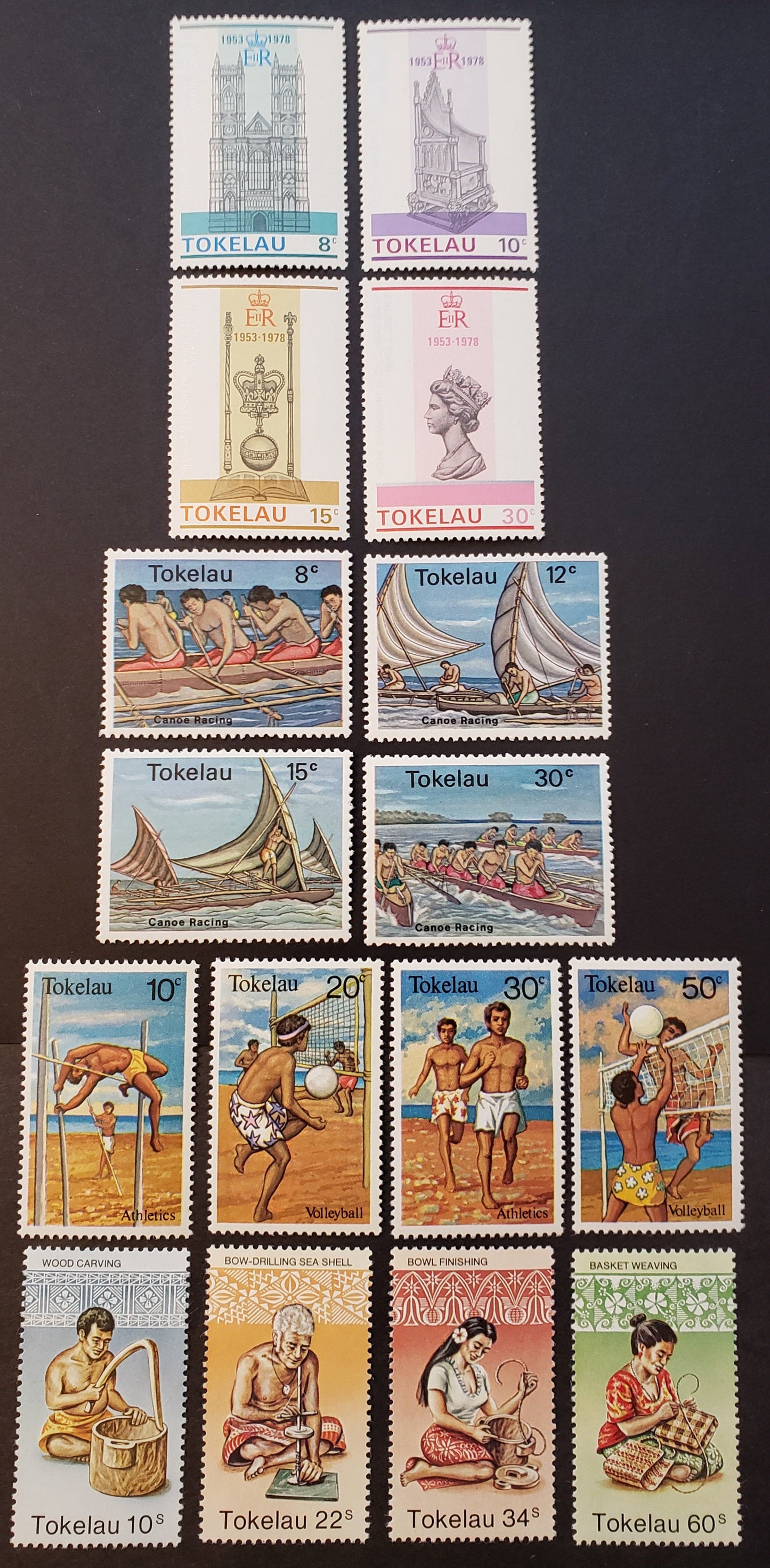 Lot 89 Tokelau SC#61/84 1978-1982 Coronation Of Elizabeth II / Wood Carving Issues, 16 VFNH Singles, Click on Listing to See ALL Pictures, 2017 Scott Cat. $8.9