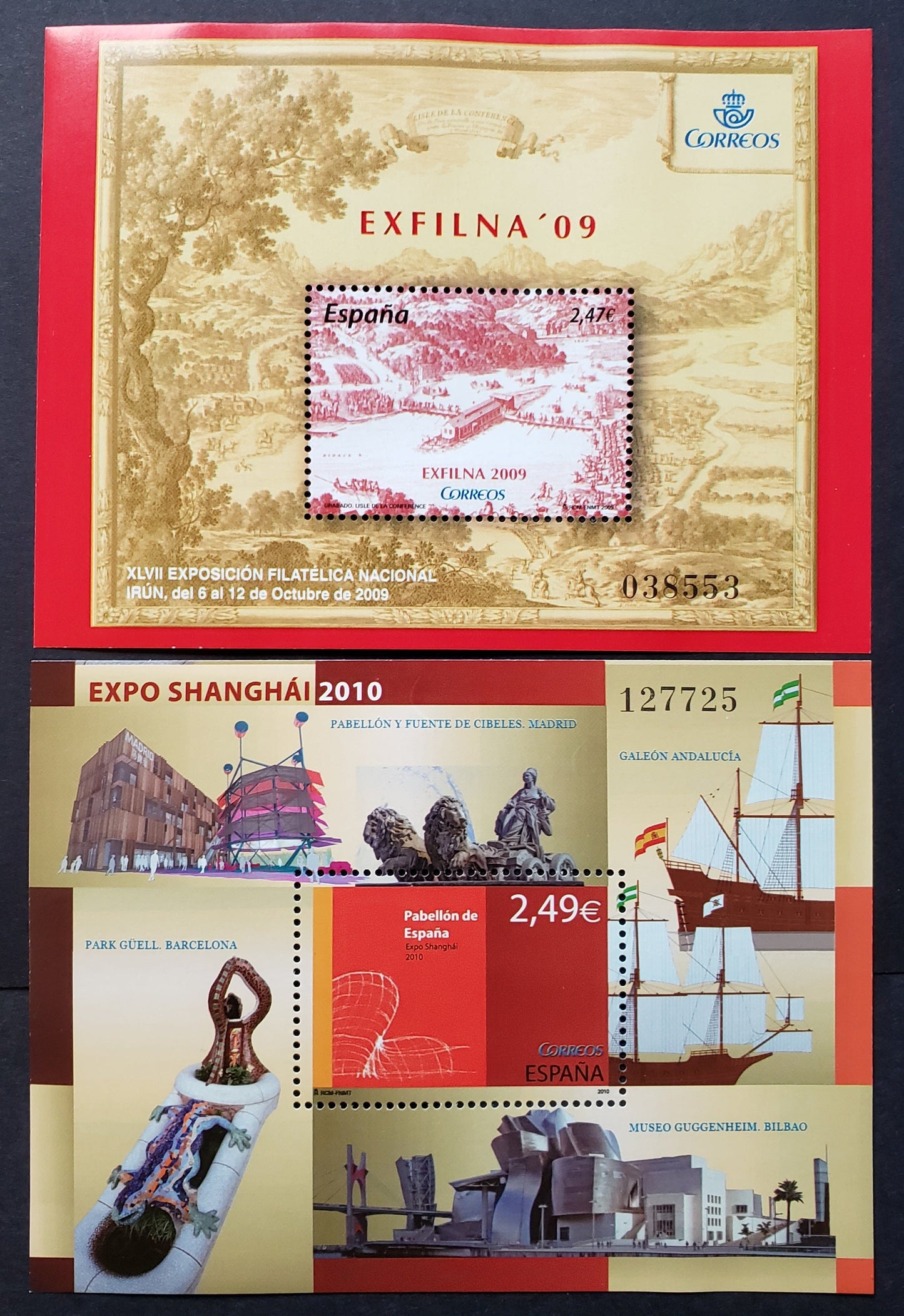 Lot 9 Spain SC#3672/3711 2009-2010 EXFILNA '09 / Spanish Pavilion At Expo 2010 Issues, 2 VFNH Souvenir Sheets, Click on Listing to See ALL Pictures, 2017 Scott Cat. $14.25