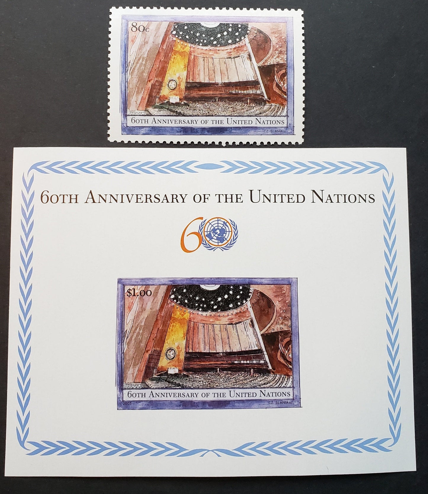 Lot 144 United Nations - Offices In New York SC#874/875 2005 United Nations 60th Anniv. Issue, A VFNH Single And Souvenir Sheet, Click on Listing to See ALL Pictures, 2022 Scott Classic Cat. $17.5