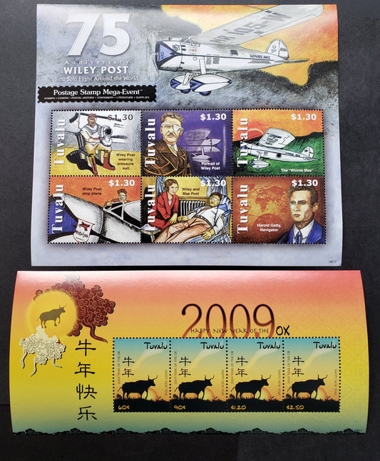 Lot 14 Tuvalu SC#1077/1083 2008-2009 Solo Aerial Circumnavigation Of Wiley Post / New Year Issues, A VFNH Sheet Of 6 And A Sheet Of 4, Click on Listing to See ALL Pictures, 2022 Scott Classic Cat. $16.5