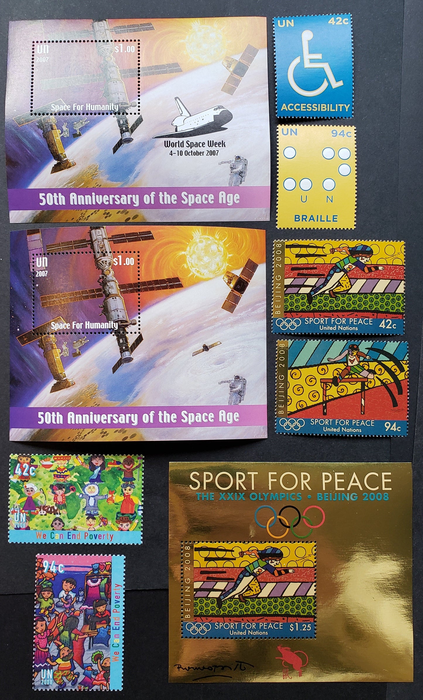 Lot 150 United Nations - Offices In New York SC#947/967 2007-2008 Space And Humanity / Children's Art Contest Issues, 6 VFNH Singles And 3 Souvenir Sheets, Click on Listing to See ALL Pictures, 2022 Scott Classic Cat. $19.75