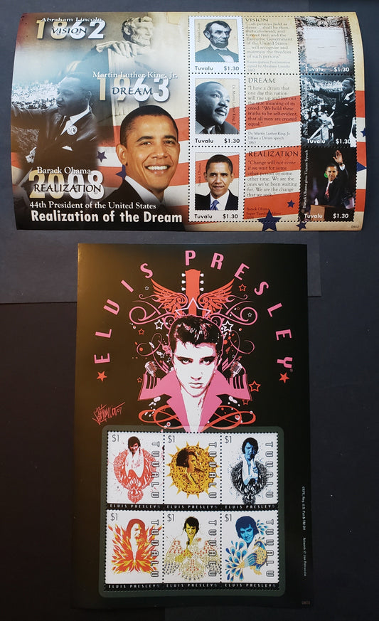 Lot 15 Tuvalu SC#1084/1085 2009 Inauguration Of U.S President Barack Obama / Elvis Presley Issues, 2 VFNH Sheets Of 6, Click on Listing to See ALL Pictures, 2022 Scott Classic Cat. $19.25