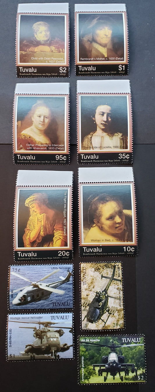 Lot 16 Tuvalu SC#1015/1039 2006-2007 Rembrandt / First Helicopter Flight Issues, 10 VFNH Singles, Click on Listing to See ALL Pictures, 2022 Scott Classic Cat. $14