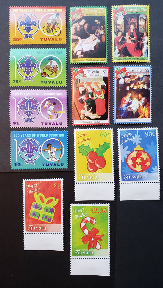 Lot 17 Tuvalu SC#1042/1082 2007-2008 Scouting / Christmas Issues, 12 VFNH Singles, Click on Listing to See ALL Pictures, 2022 Scott Classic Cat. $20