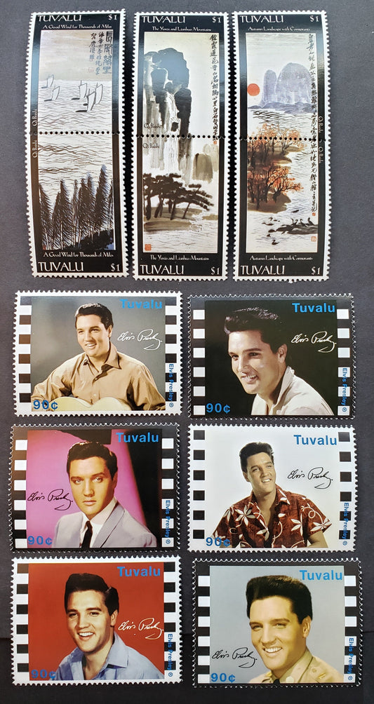 Lot 19 Tuvalu SC#1047a/1051f 2007 Paintings By Qi Baishi / Elvis Presley Issues, 3 VFNH Pairs And 6 Singles, Click on Listing to See ALL Pictures, Estimated Value $20