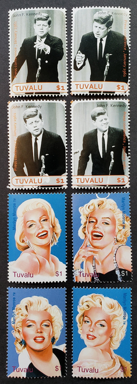 Lot 20 Tuvalu SC#1052a/1053d 2007 John F Kennedy / Marilyn Monroe Issues, 8 VFNH Singles, Click on Listing to See ALL Pictures, Estimated Value $15