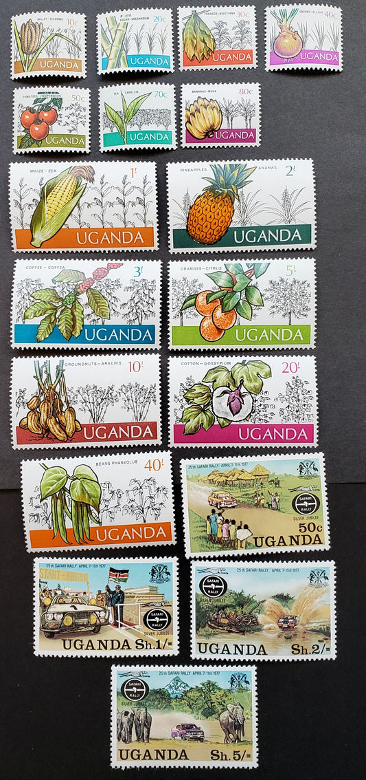 Lot 22 Uganda SC#133/170 1975-1977 Ugandan Crops / Safari Rally Issues, 18 VFNH Singles, Click on Listing to See ALL Pictures, 2022 Scott Classic Cat. $9.55