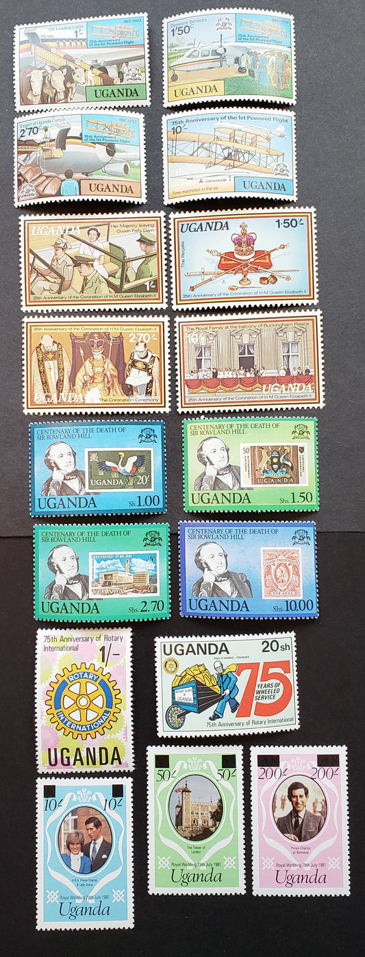 Lot 23 Uganda SC#211/316a 1978-1981 1st Powered Flight / Royal Wedding Issues, 17 VFNH Singles, Click on Listing to See ALL Pictures, 2022 Scott Classic Cat. $9.25