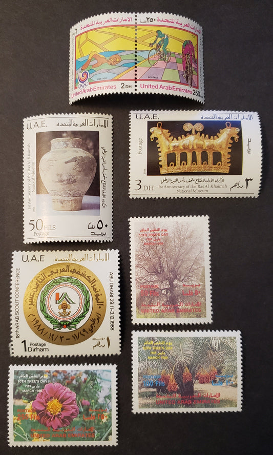 Lot 28 United Arab Emirates SC#274a/280 1988-1989 Summer Olympics / Arbor Day Issues, 6 VFOG Singles And A Pair, Click on Listing to See ALL Pictures, 2022 Scott Classic Cat. $17.3