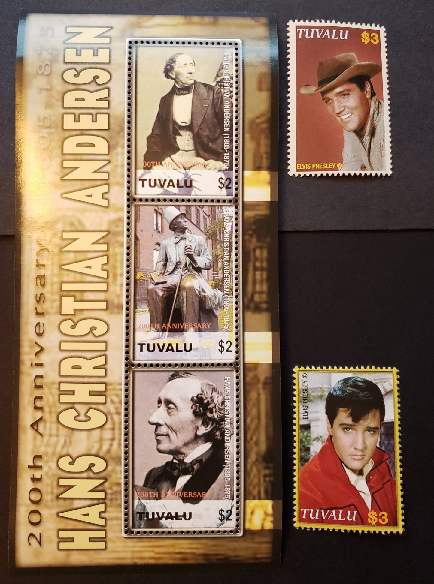 Lot 2 Tuvalu SC#984/987var 2005-2006 Hans Christian Andersen / Elvis Presley Issues, A VFNH Sheet Of 3 And 2 Singles, Click on Listing to See ALL Pictures, 2022 Scott Classic Cat. $19