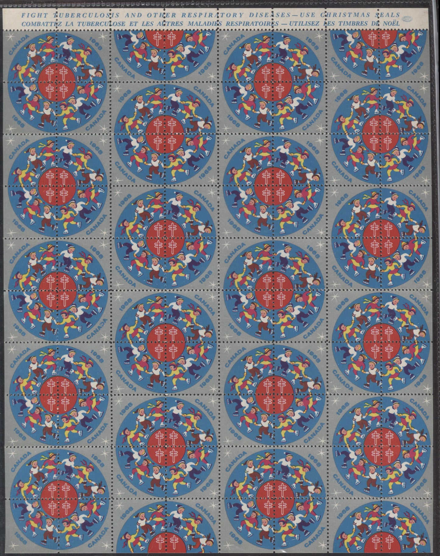 Canada #WX67  Multicoloured Family Of Skaters In Circle, 1968 Christmas Seal Issue, A VFNH Full Sheet Of 80