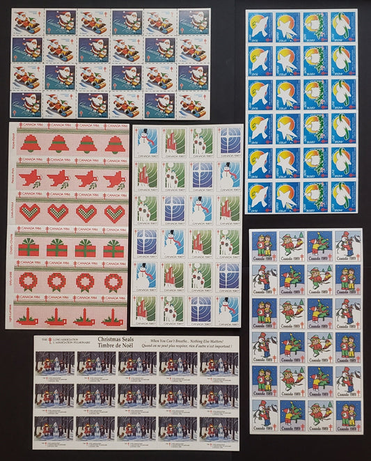 Canada #WX84/WX93  Multicoloured Various Designs, 1985-1994 Christmas Seal Issues, 6 VFNH Sheets Of 24 & 15
