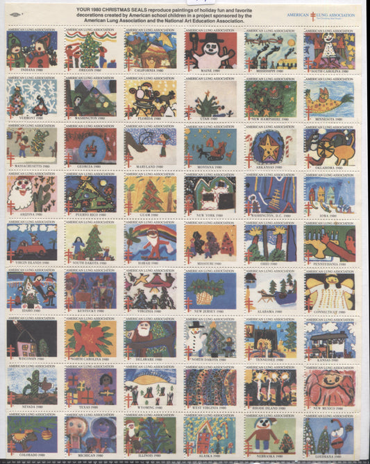 United States Of America #Unlisted  Multicoloured Various Christmas Designs, 1980 Christmas Seal Issue, A Fine NH Full Sheet Of 54