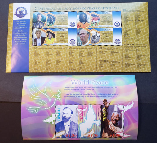 Lot 6 Tuvalu SC#954/956 2004 FIFA / World Peace Issues, A VFNH Sheet Of 4 And A Sheet Of 3, Click on Listing to See ALL Pictures, 2022 Scott Classic Cat. $15