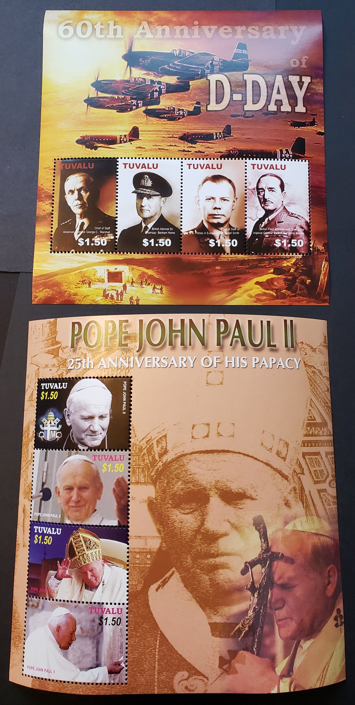 Lot 7 Tuvalu SC#957/958 2005 Pope John Paul II / 60th Anniv. D-Day Issues, 2 VFNH Sheets Of 4, Click on Listing to See ALL Pictures, 2022 Scott Classic Cat. $21