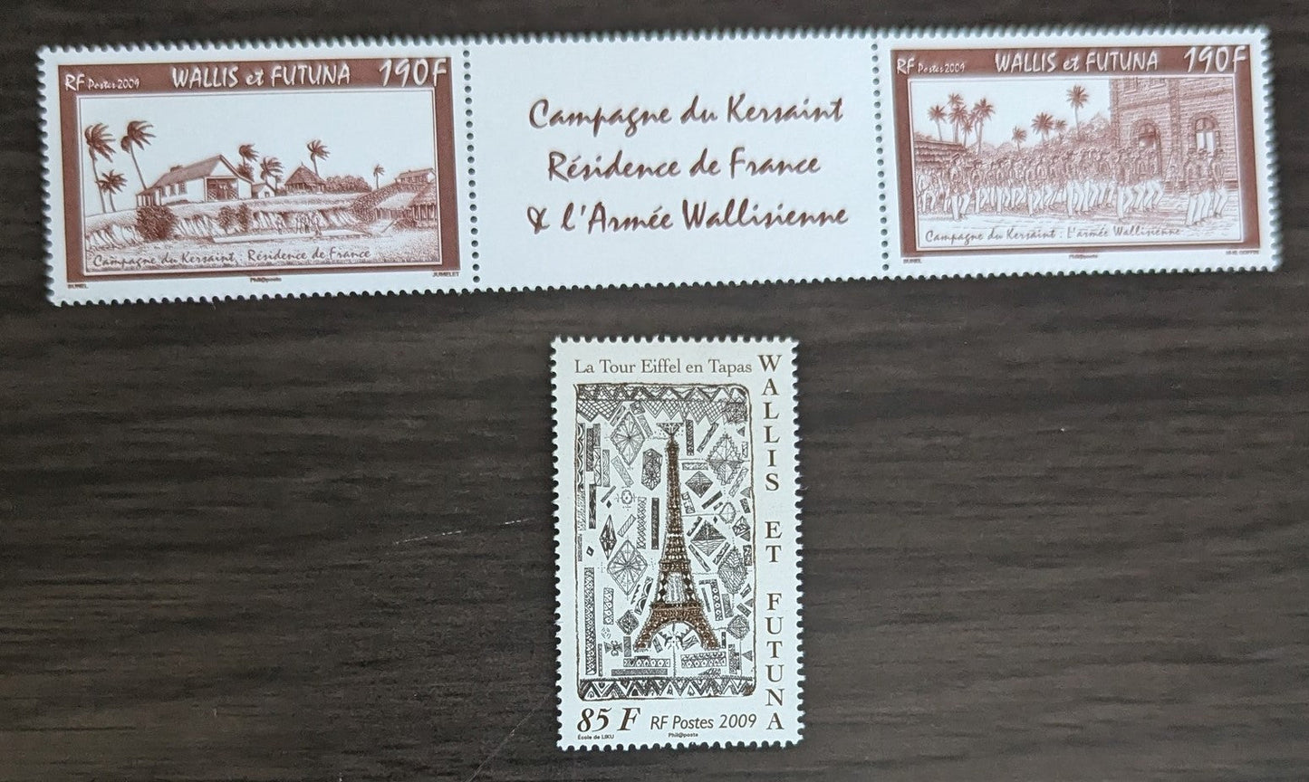 Lot 118 Wallis & Futuna SC#676/678 2009 Historical Images - Eiffel Tower on Tapa Cloth Issue, 2 VFNH Single & Pair+Label, Click on Listing to See ALL Pictures, 2017 Scott Cat. $11.6