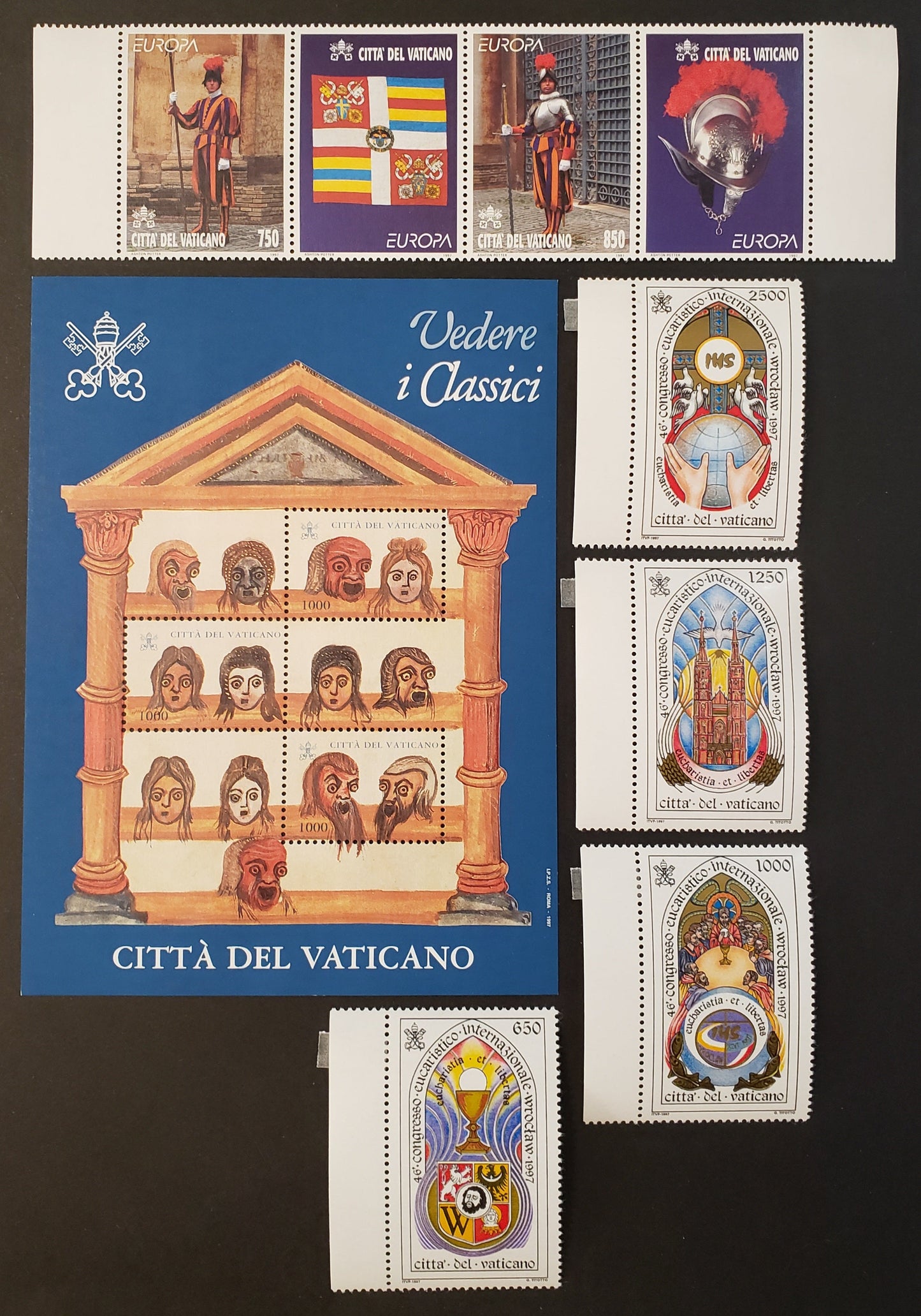 Lot 189 Vatican City SC#1039a/1049 1997 Europa / 46th Intl. Eucharistic Congress Issues, 4 VFNH Singles, A Strip Of 2 + 2 Labels And A Sheet Of 3 + 3 Labels, Click on Listing to See ALL Pictures, 2017 Scott Cat. $12.65