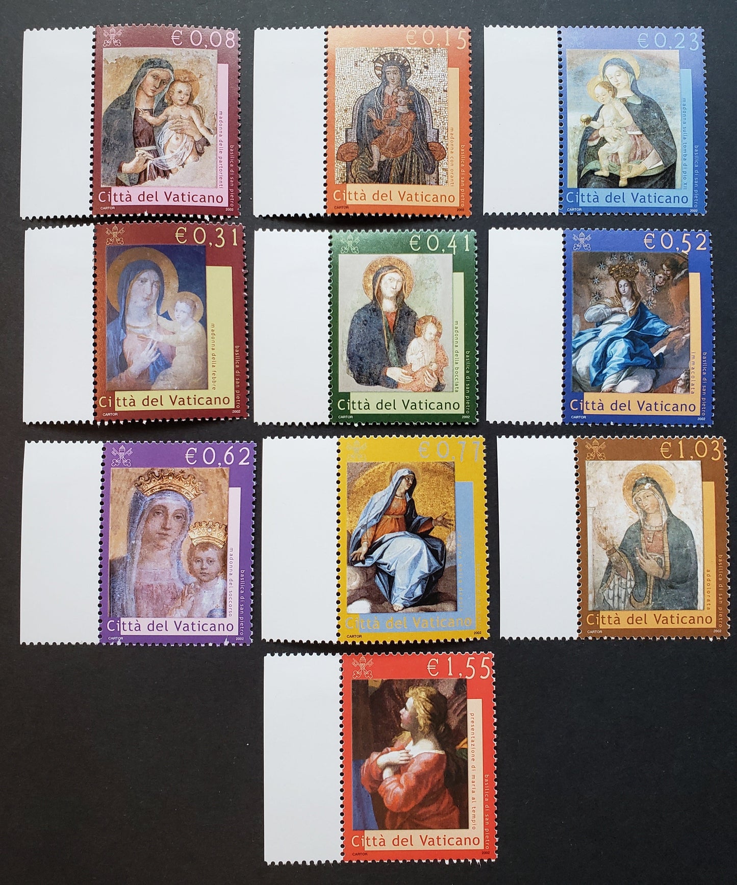 Lot 209 Vatican City SC#1204/1213 2002 Depictions Of Virgin Mary Issue, 10 VFNH Singles, Click on Listing to See ALL Pictures, 2017 Scott Cat. $15.05