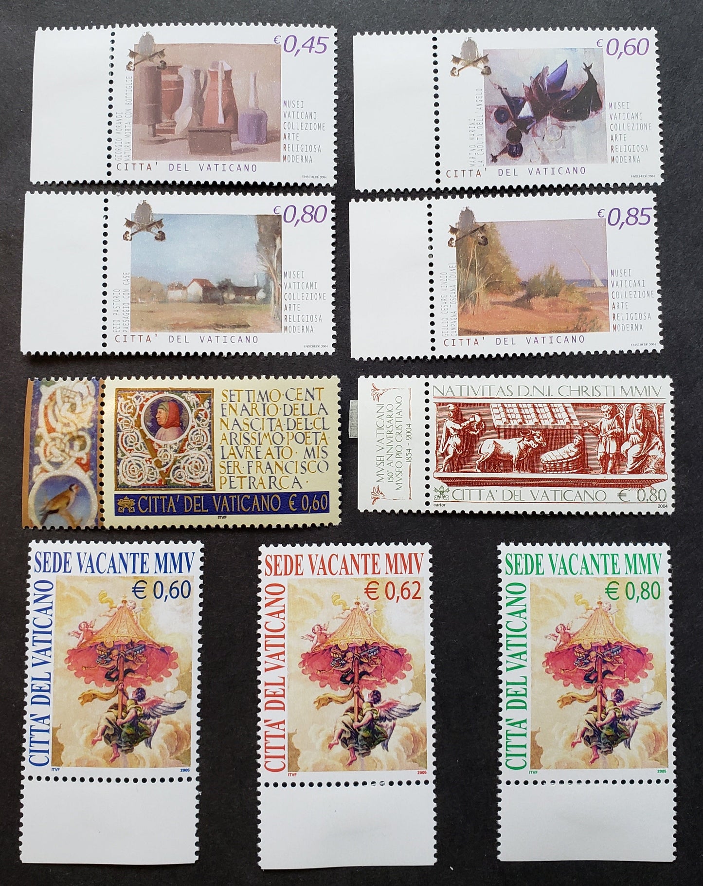 Lot 219 Vatican City SC#1286/1294 2004-2005 Contemporary Religious Art In Vatican Museum Collection / Arms Of St. Peter Issues, 9 VFNH Singles, Click on Listing to See ALL Pictures, 2017 Scott Cat. $19.45