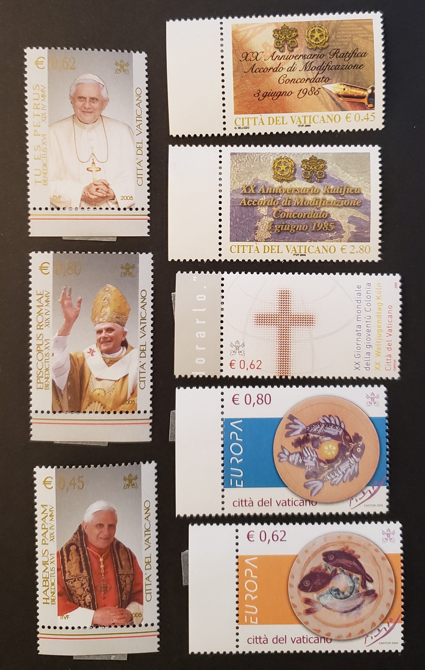 Lot 223 Vatican City SC#1295/1302 2005 Pope Benedict XVI / Ratification Of Modifications To Italy-Vatican Concordat Issues, 8 VFNH Singles, Click on Listing to See ALL Pictures, 2017 Scott Cat. $18.75