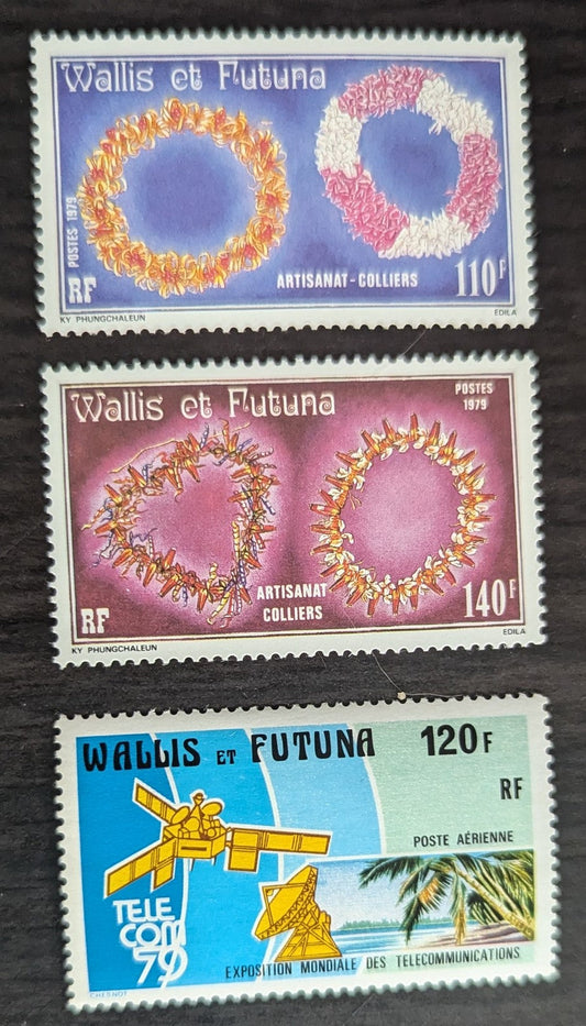 Lot 22 Wallis & Futuna SC#240/C97 1979 Flower Necklaces - 3rd World Telecommunications Exhibition Issues, 3 VFOG/NH Singles, Click on Listing to See ALL Pictures, 2017 Scott Cat. $14.75