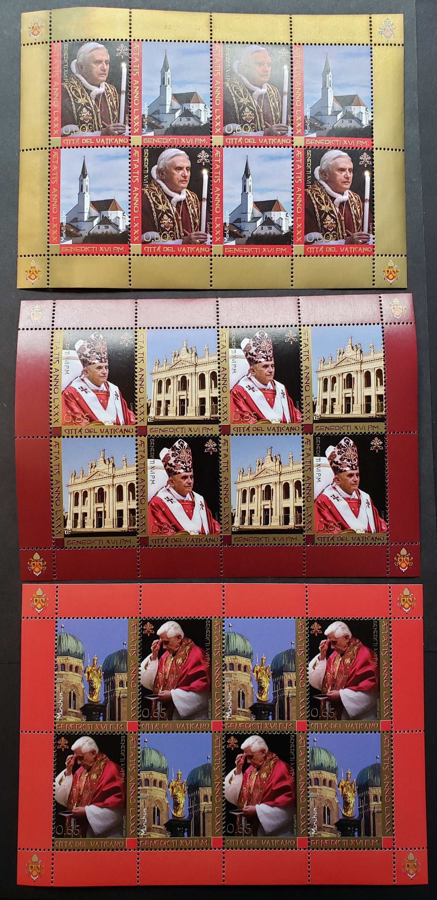 Lot 236 Vatican City SC#1347var/1349var 2007 Pope Benedict XVI 80th Birthday Issue, 3 VFNH Sheets Of 4 Plus Labels, Click on Listing to See ALL Pictures, 2017 Scott Cat. $23