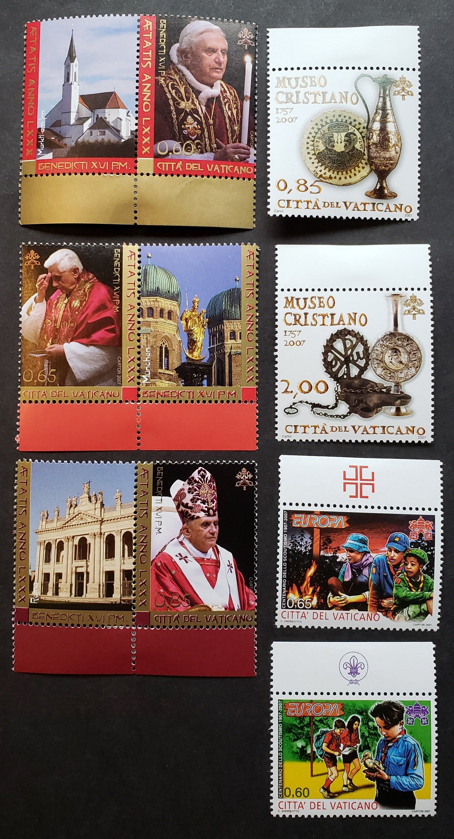 Lot 237 Vatican City SC#1347/1353 2007 Pope Benedict XVI 80th Birthday / Christian Museum Issues, 4 VFNH Singles And 3 Singles + Label, Click on Listing to See ALL Pictures, 2017 Scott Cat. $17.25