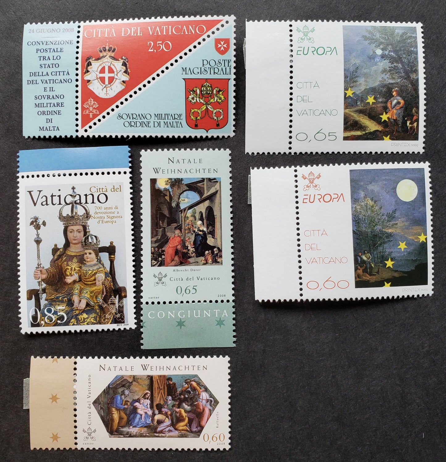 Lot 246 Vatican City SC#1395/1412 2008-2009 Postal Convention / Europa Issues, 6 VFNH Singles, Click on Listing to See ALL Pictures, 2017 Scott Cat. $16