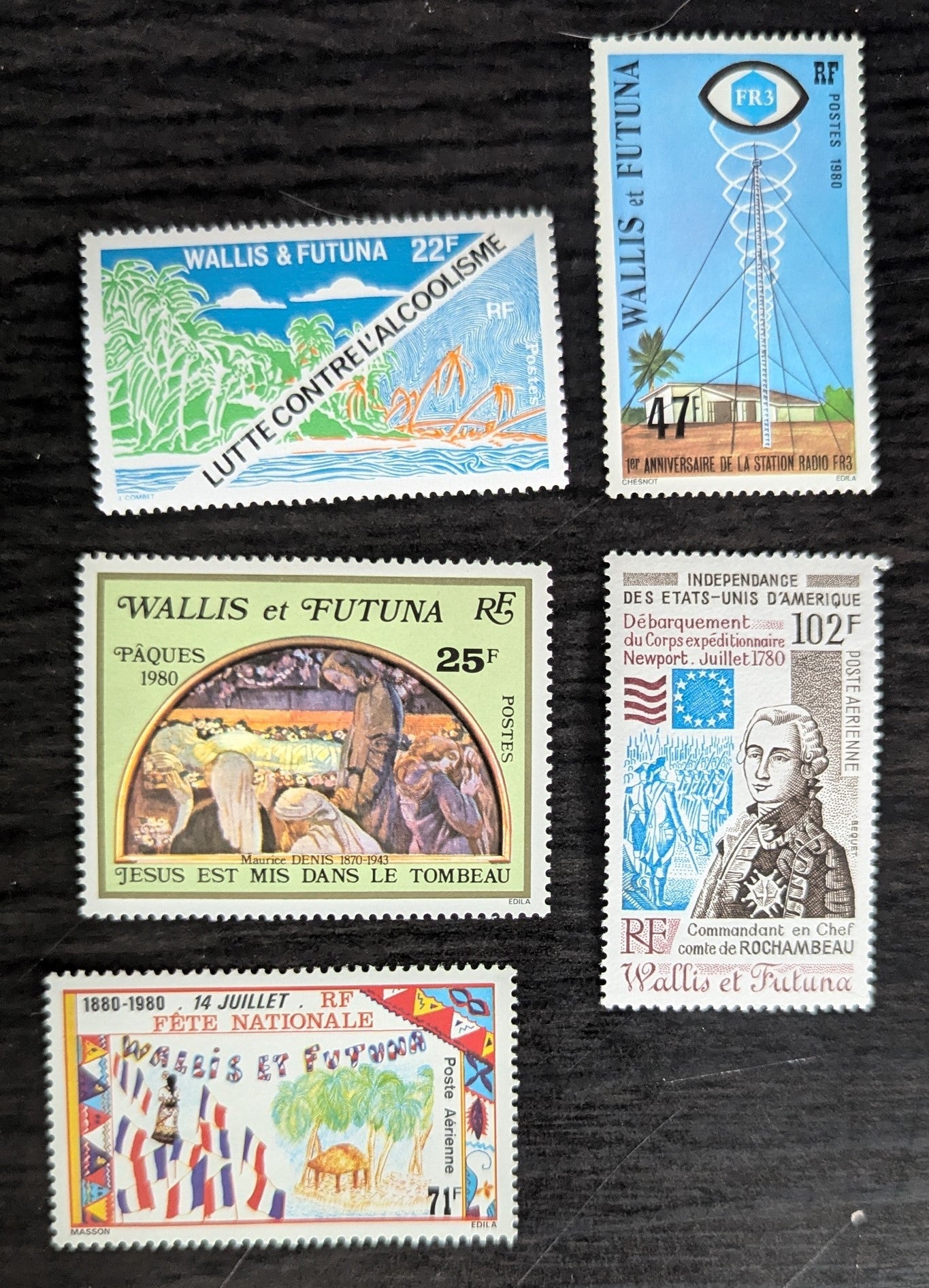 Lot 24 Wallis & Futuna SC#234/C101 1979-1980 Anti-Alcoholism Campaign - National Day, 10th Anniv Issues, 5 VFNH Singles, Click on Listing to See ALL Pictures, 2017 Scott Cat. $13.85