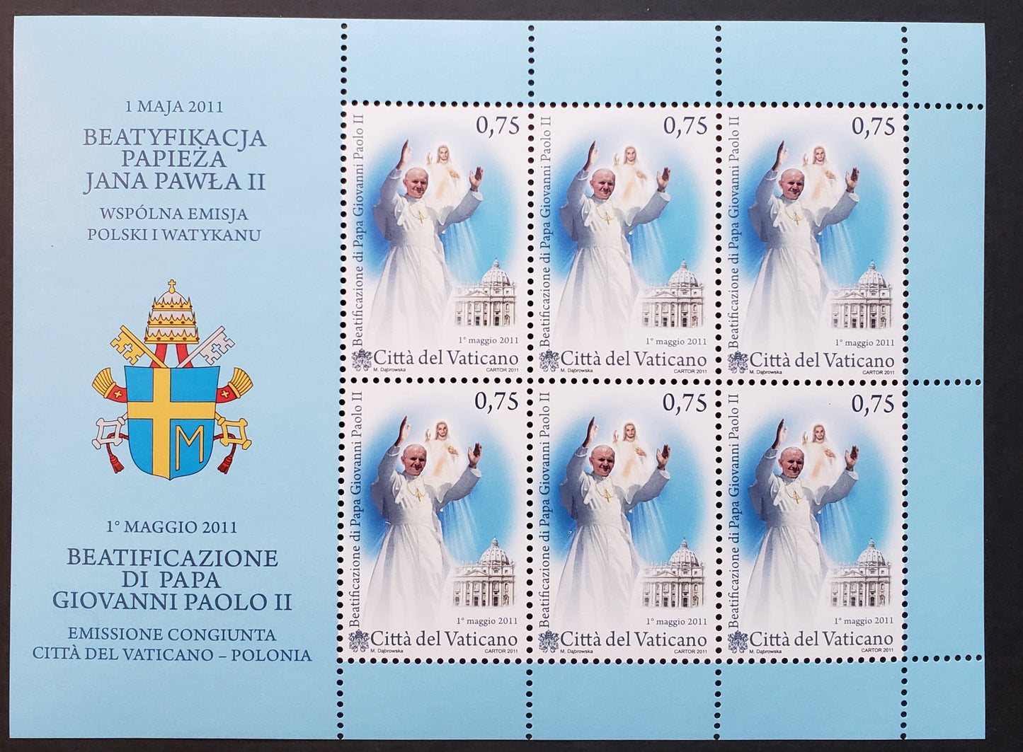 Lot 269 Vatican City SC#1471var 2011 Beatification Of Pope John Paul II Issue, A VFNH Sheet Of 6, Click on Listing to See ALL Pictures, 2017 Scott Cat. $15