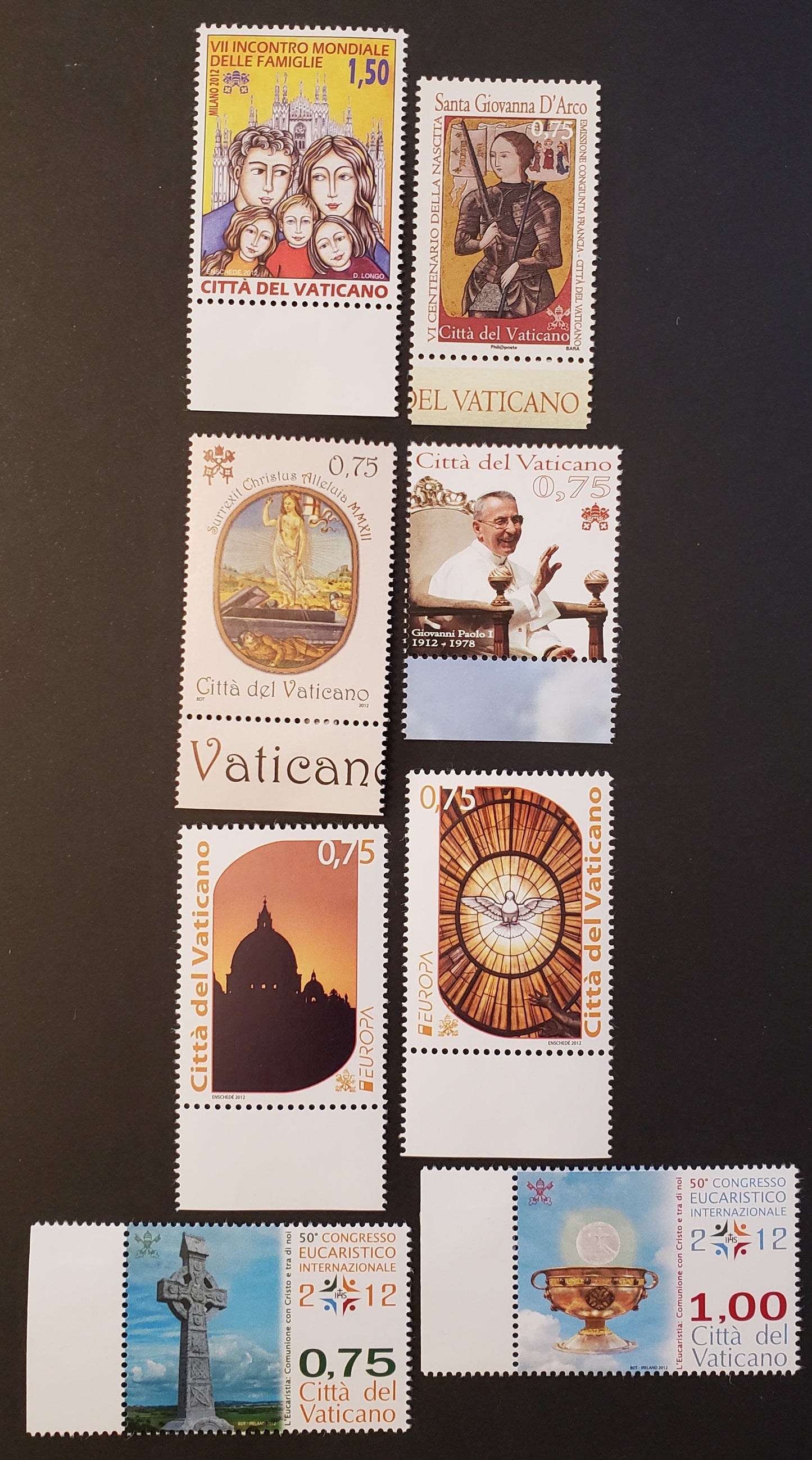 Lot 279 Vatican City SC#1493/1595 2012 Easter / Pope John Paul I Issues, 8 VFNH Singles, Click on Listing to See ALL Pictures, 2017 Scott Cat. $18.75