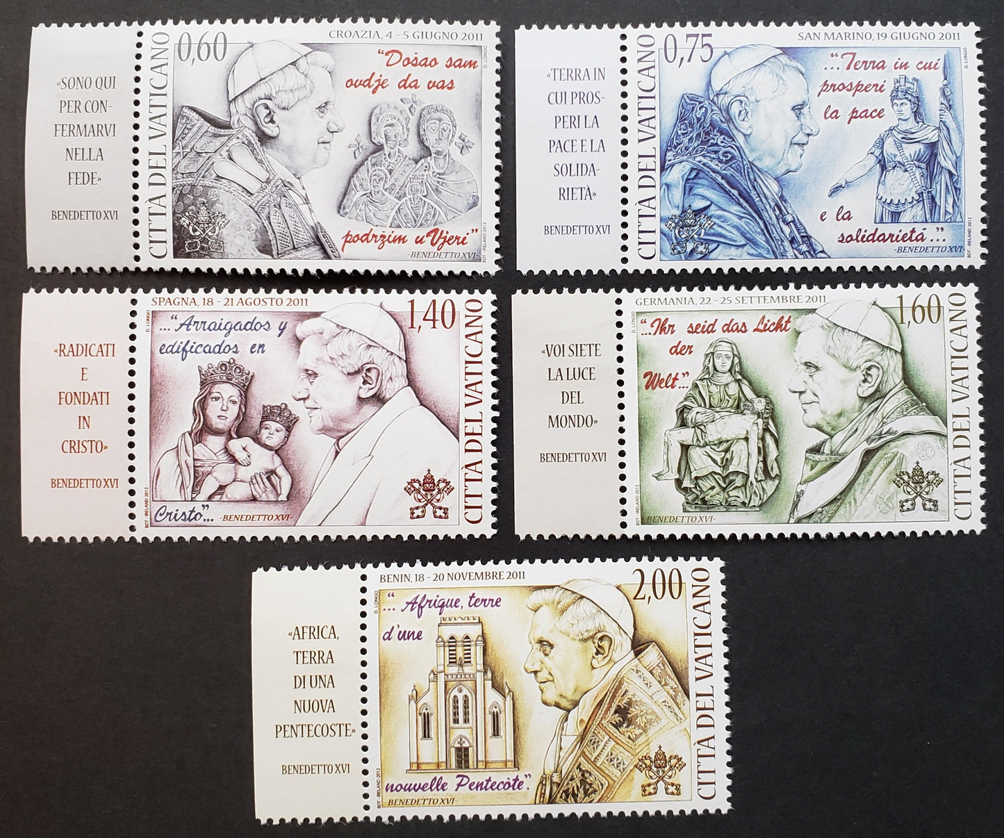 Lot 281 Vatican City SC#1508/1512 2012 Travels Of Pope Benedict XVI Issue, 5 VFNH Singles, Click on Listing to See ALL Pictures, 2017 Scott Cat. $17.5