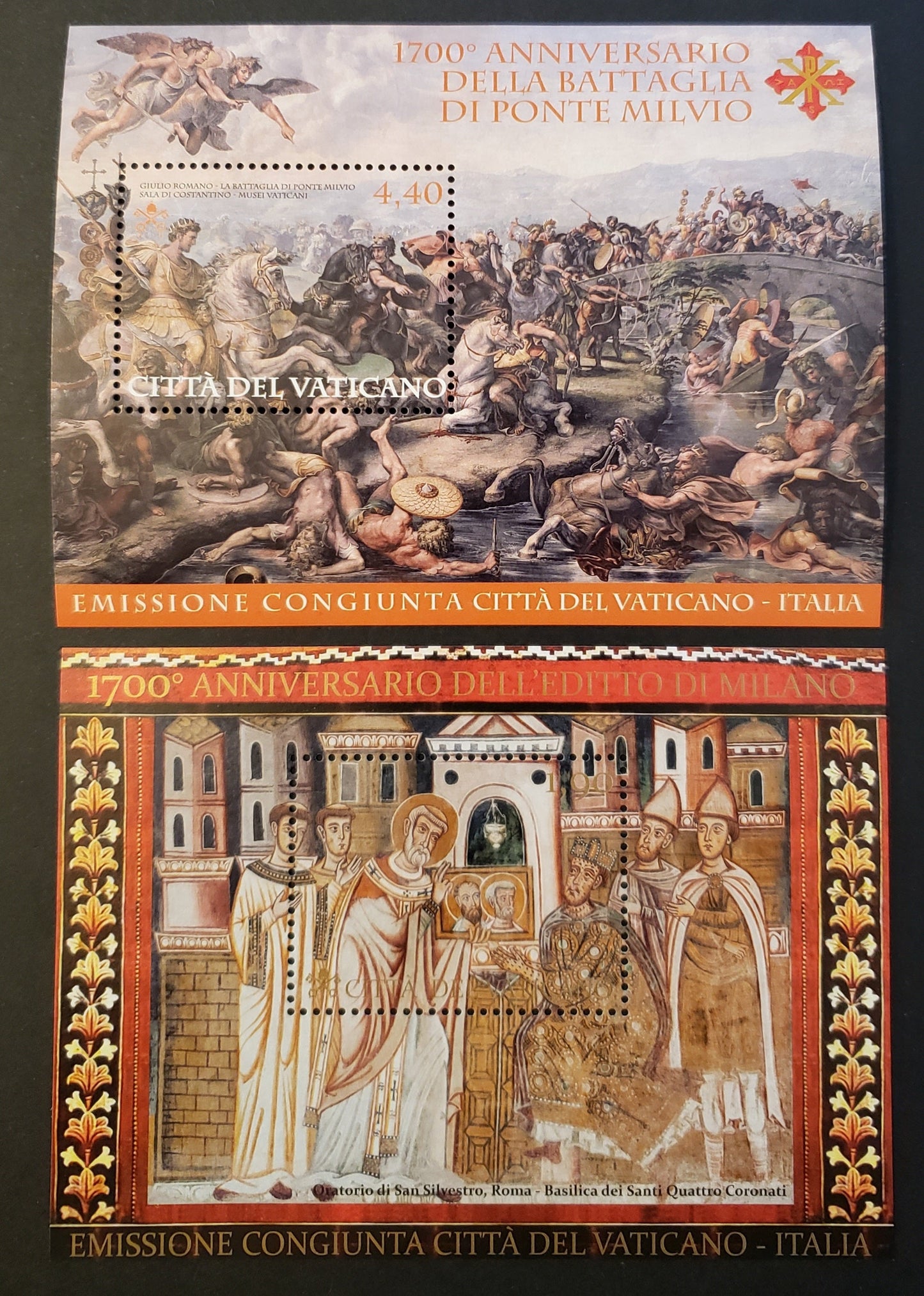 Lot 284 Vatican City SC#1507/1535 2012-2013 Battle Of The Milvian Bridge / Edict Of Milan, 1700th Anniv. Issues, 2 VFNH Souvneir Sheets, Click on Listing to See ALL Pictures, 2017 Scott Cat. $16.75