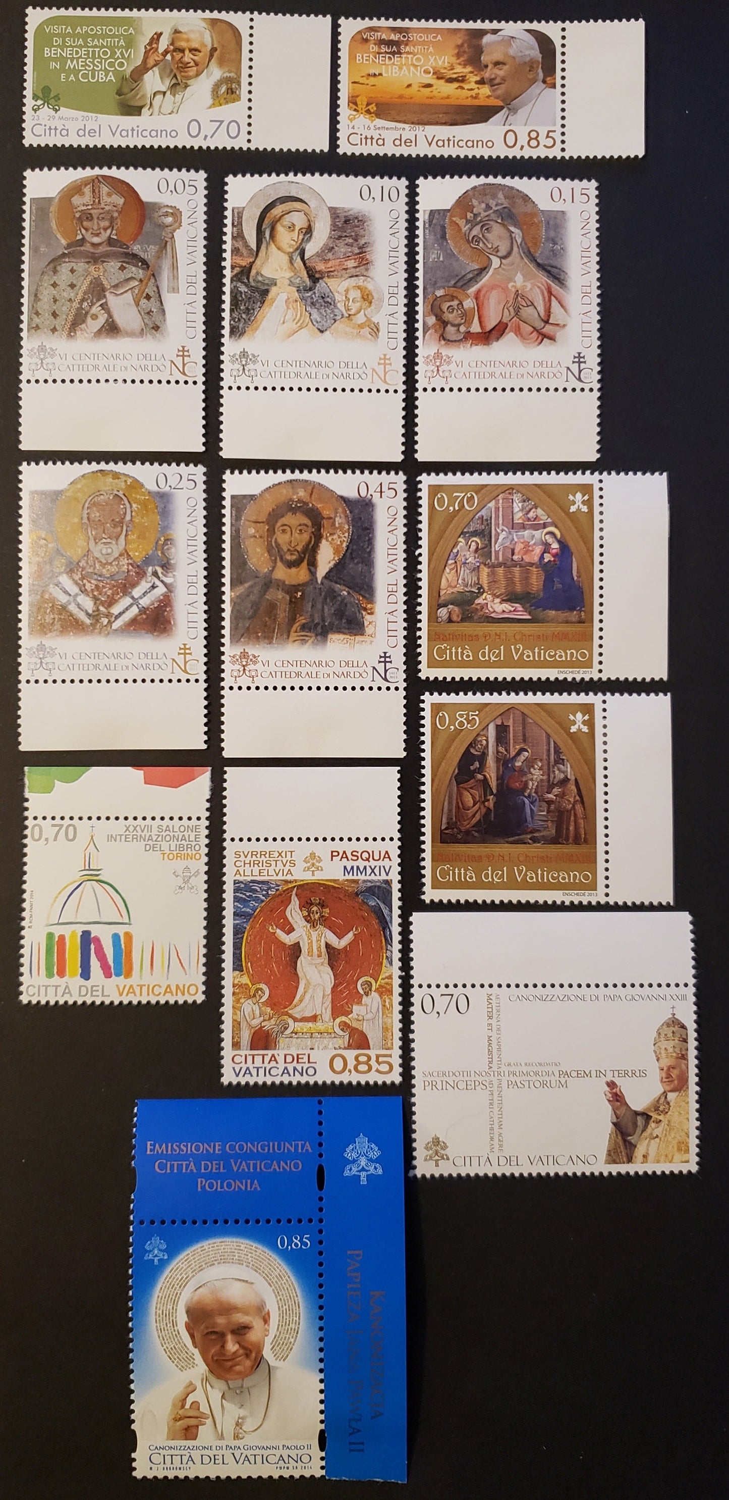 Lot 288 Vatican City SC#1542/1559 2013-2014 Travels Of Pope Benedict XVI / Canonization Of Pope John Paul II Issues, 13 VFNH Singles, Click on Listing to See ALL Pictures, 2017 Scott Cat. $20.1