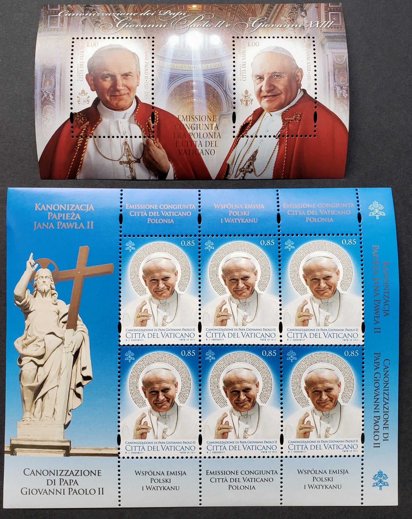 Lot 297 Vatican City SC#1558/1559var 2015 Canonization Of Popes John Paul II And John XXIII Issues, A VFNH Sheet Of 6 And A Sheet Of 2, Click on Listing to See ALL Pictures, 2017 Scott Cat. $19.9