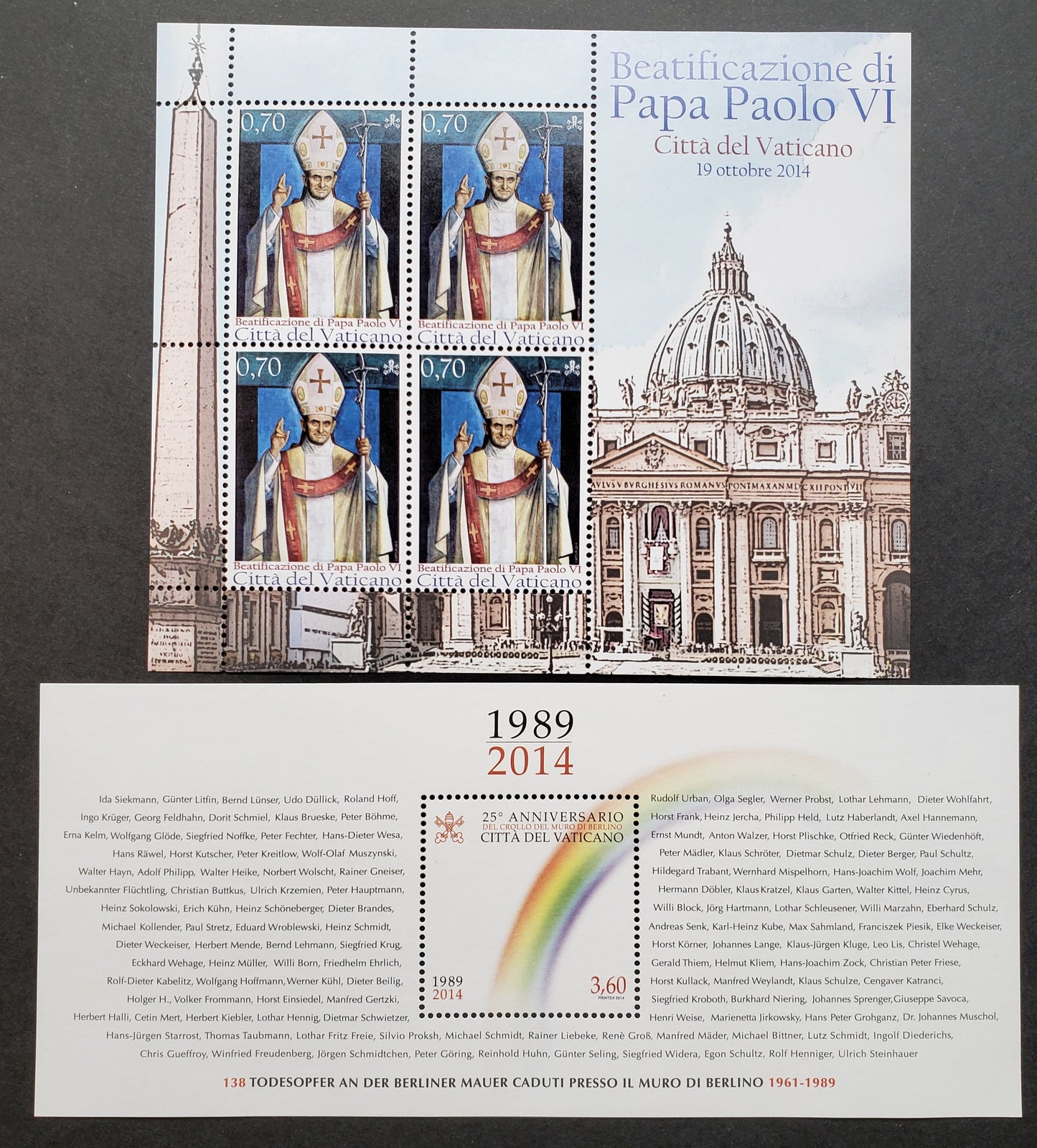 Lot 300 Vatican City SC#1571var/1575 2015 Beatification Of Pope Paul VI / Fall Of Berlin Wall Issues, A VFNH Sheet Of 4 And A Souvenir Sheet, Click on Listing to See ALL Pictures, 2017 Scott Cat. $17.1