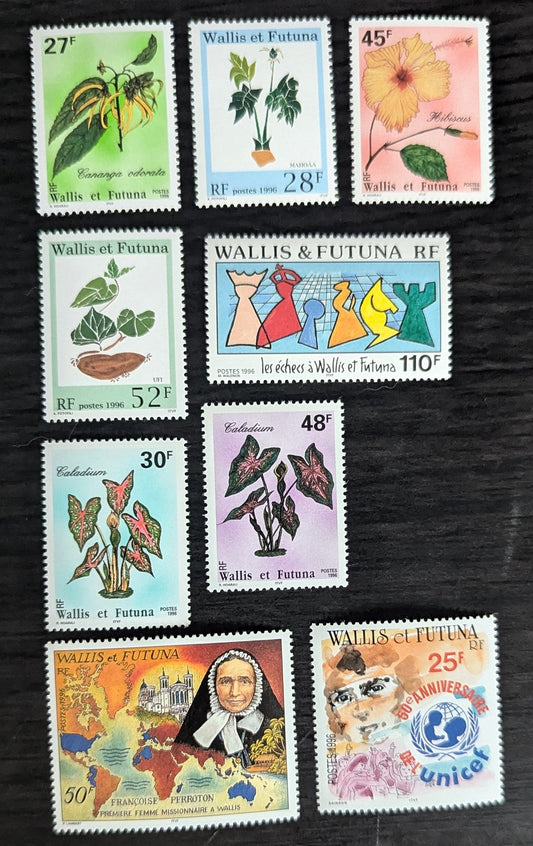 Lot 41 Wallis & Futuna SC#478/487 1996 Local Plant Types - UNICEL 50th Anniv Issues, 9 VFNH Singles, 2017 Scott Cat. $12.6