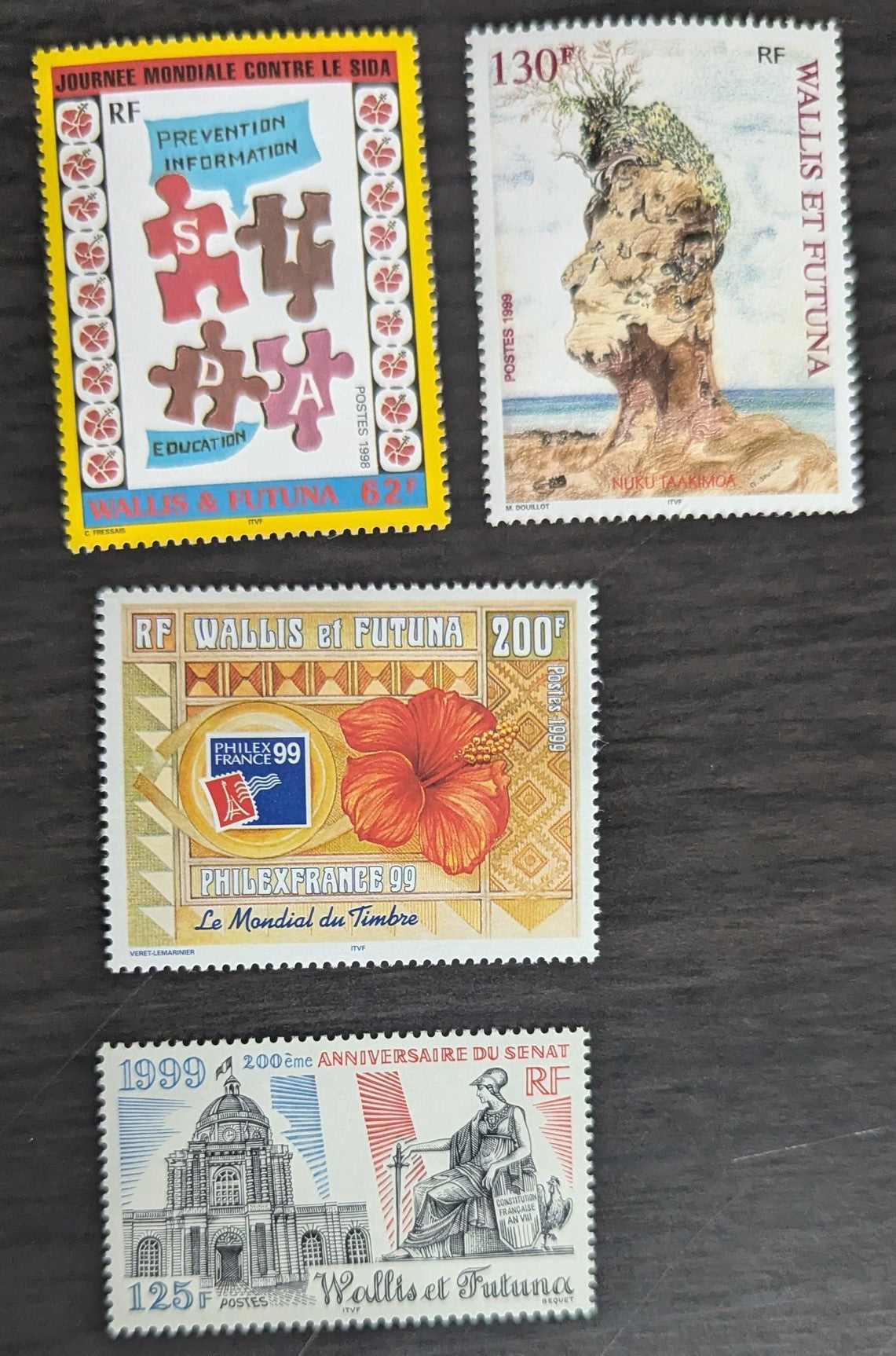 Lot 58 Wallis & Futuna SC#516/520 1999 World Fight Against AIDS - French Senate Bicentenary Issues, 4 VFNH Singles, Click on Listing to See ALL Pictures, 2017 Scott Cat. $14.1