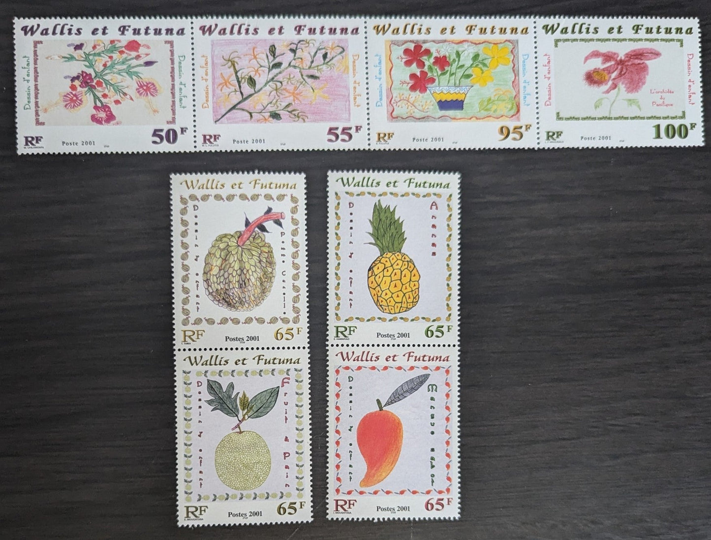 Lot 67 Wallis & Futuna SC#540/546 2001 Children's Drawings of Flowers - Childrens Drawings of Fruit Issues, 3 VFNH Strip of 4 & Pairs, Click on Listing to See ALL Pictures, 2017 Scott Cat. $15.25