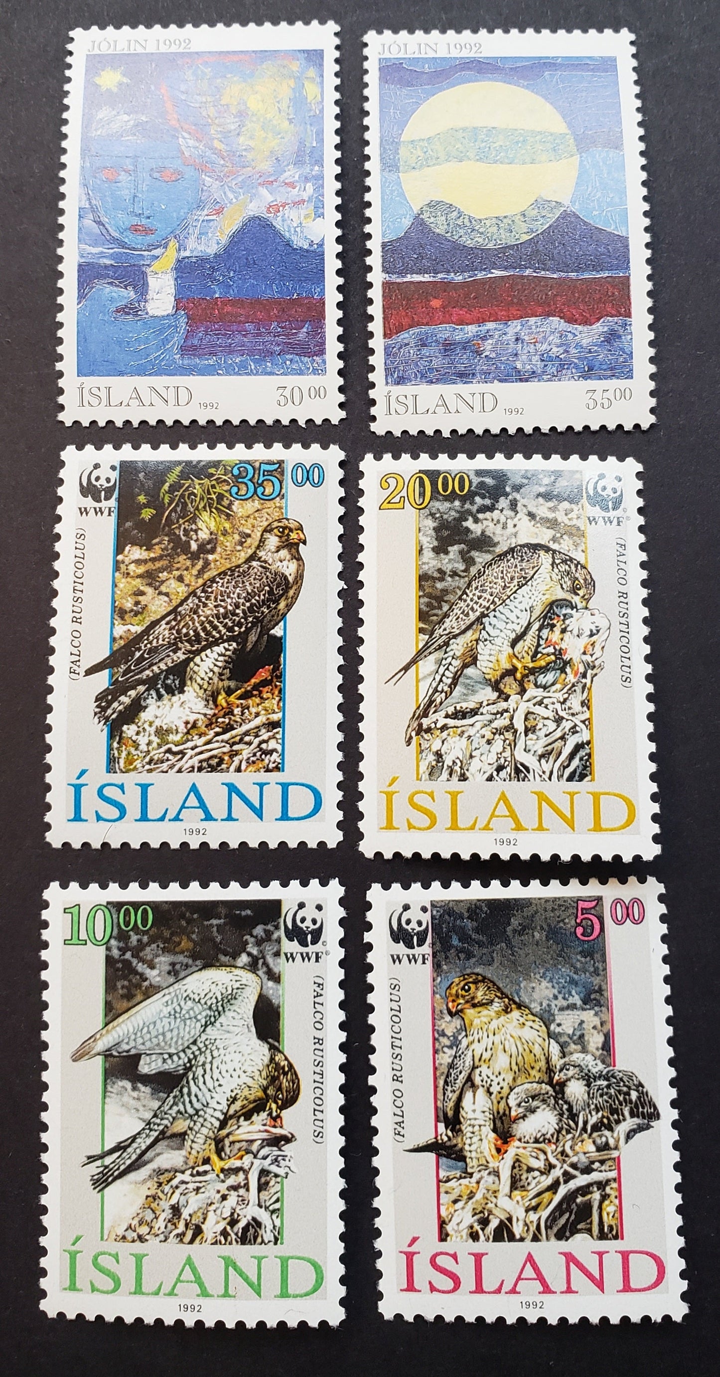 Lot 100 Iceland SC#760/765 1992 Christmas / Falco Rusticolus Issues, 6 VFNH Singles, Click on Listing to See ALL Pictures, 2017 Scott Cat. $14.5