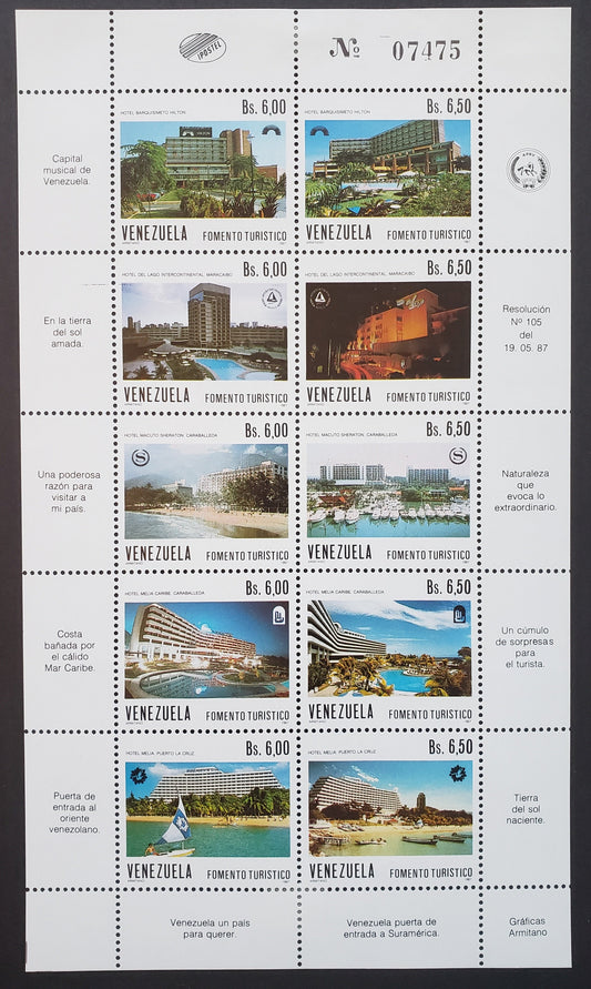 Lot 10 Venezuela SC#1388/1388 1987 Tourism Issue, A VFNH Sheet Of 10, Click on Listing to See ALL Pictures, 2017 Scott Cat. $13