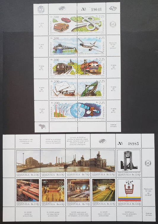 Lot 11 Venezuela SC#1392/1397 1987 Ministry Of Transportation And Communitcation / Sidor Mills Issues, 2 VFNH Sheets Of 10, Click on Listing to See ALL Pictures, 2017 Scott Cat. $20